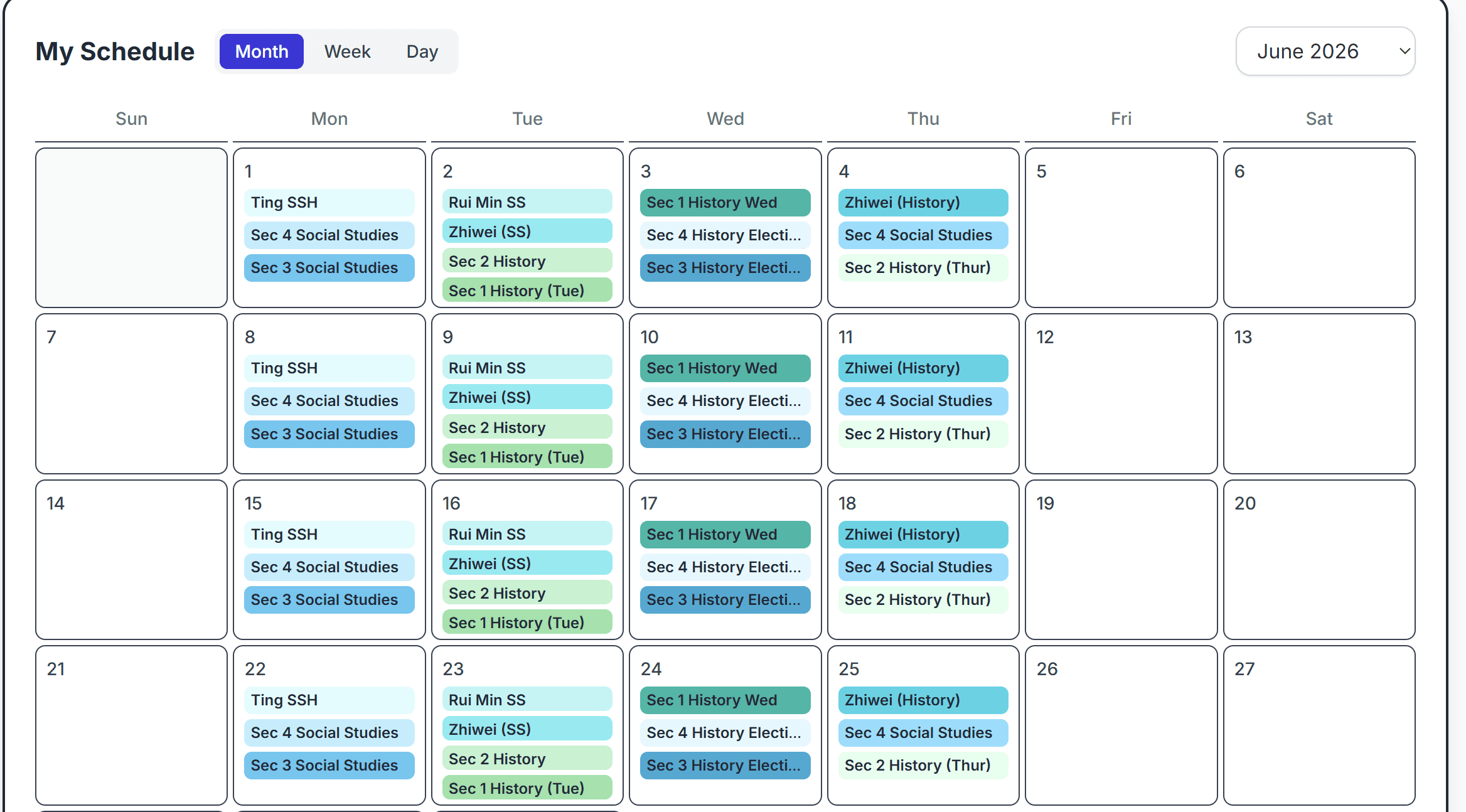 Classmate monthly class schedule